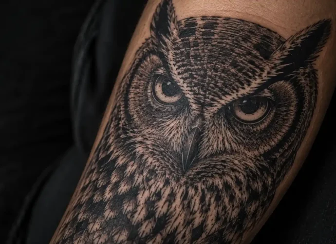 Close em tatuagem de coruja blackwork no antebraço