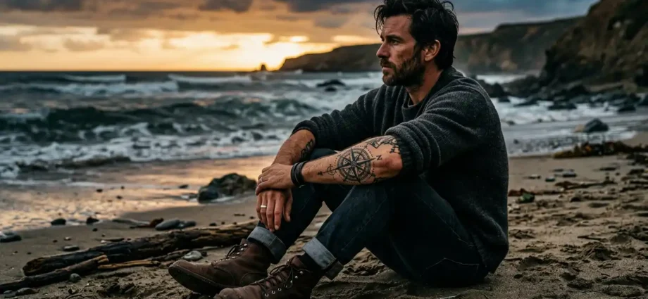 Tatuagem de bússola blackwork no antebraço