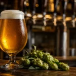 Copo de West Coast IPA clara e dourada em balcão de bar artesanal com lúpulos ao lado.