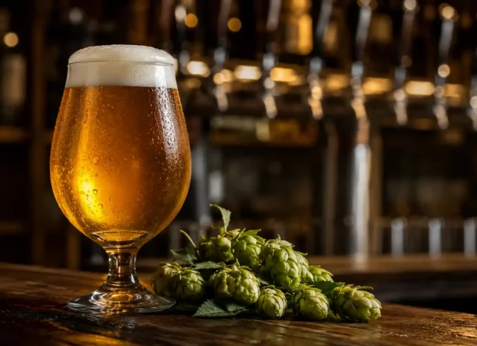 Copo de West Coast IPA clara e dourada em balcão de bar artesanal com lúpulos ao lado.