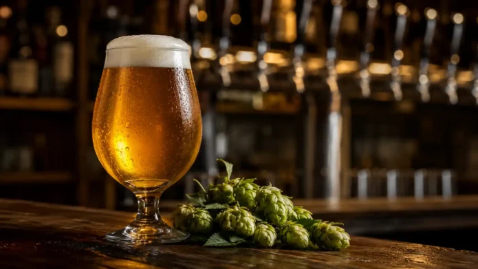 Copo de West Coast IPA clara e dourada em balcão de bar artesanal com lúpulos ao lado.