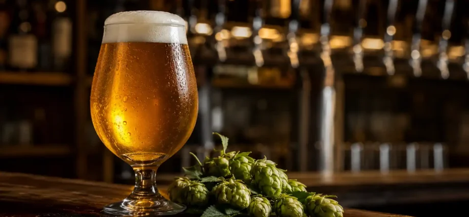 Copo de West Coast IPA clara e dourada em balcão de bar artesanal com lúpulos ao lado.