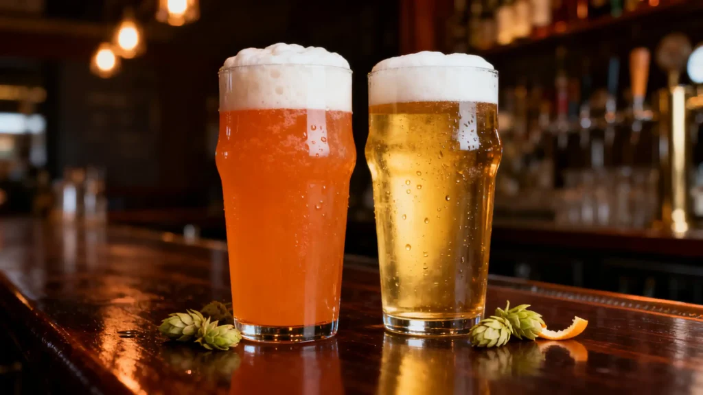 Hazy IPA vs West Coast IPA — contraste visual entre excesso e precisão