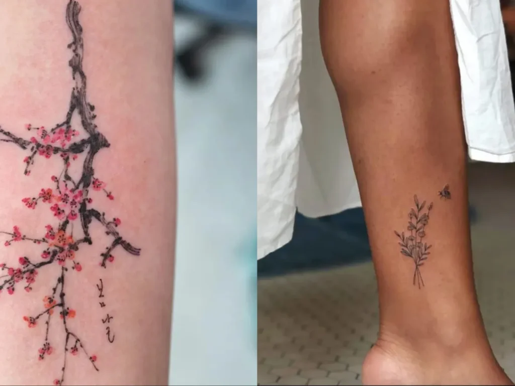 Fine line com aquarela em ramo de cerejeira e lettering — exemplo da delicadeza que a técnica permite em 2026.