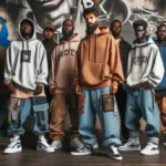 Grupo usando hoodies, camadas e peças oversized