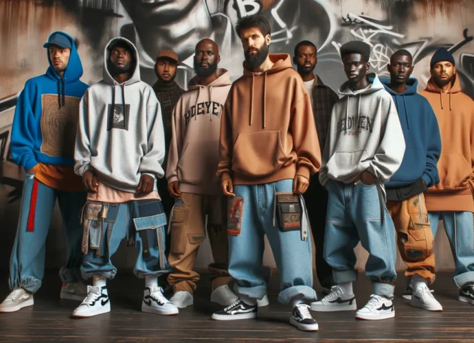 Grupo usando hoodies, camadas e peças oversized