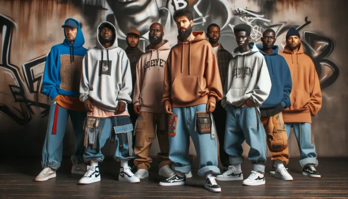Grupo usando hoodies, camadas e peças oversized