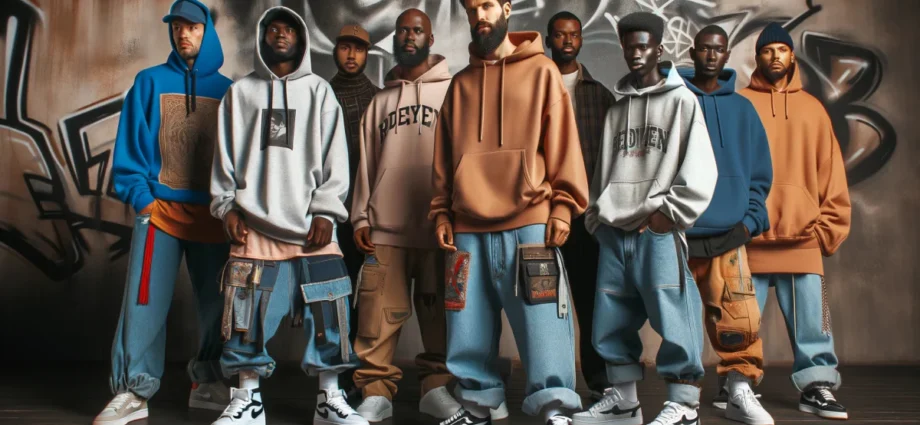 Grupo usando hoodies, camadas e peças oversized