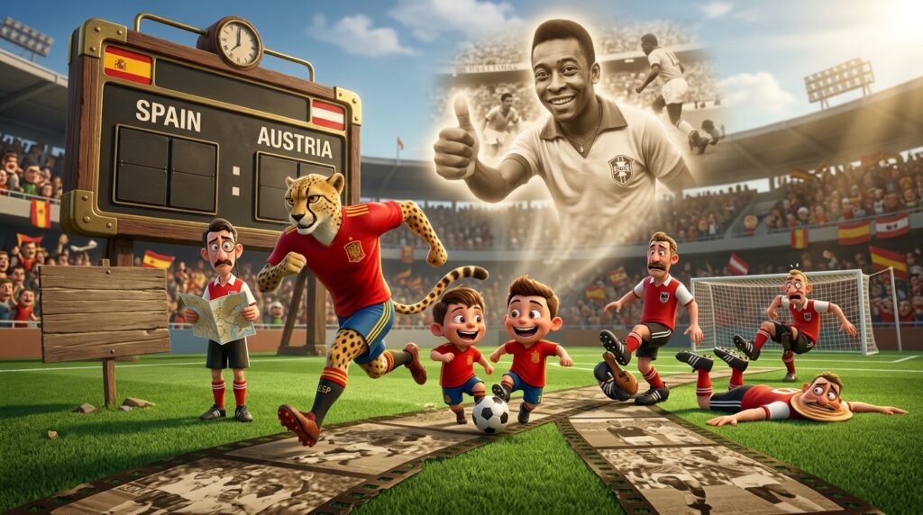 Charge satírica sobre o feito histórico da seleção espanhola na Copa do Mundo de 2026
