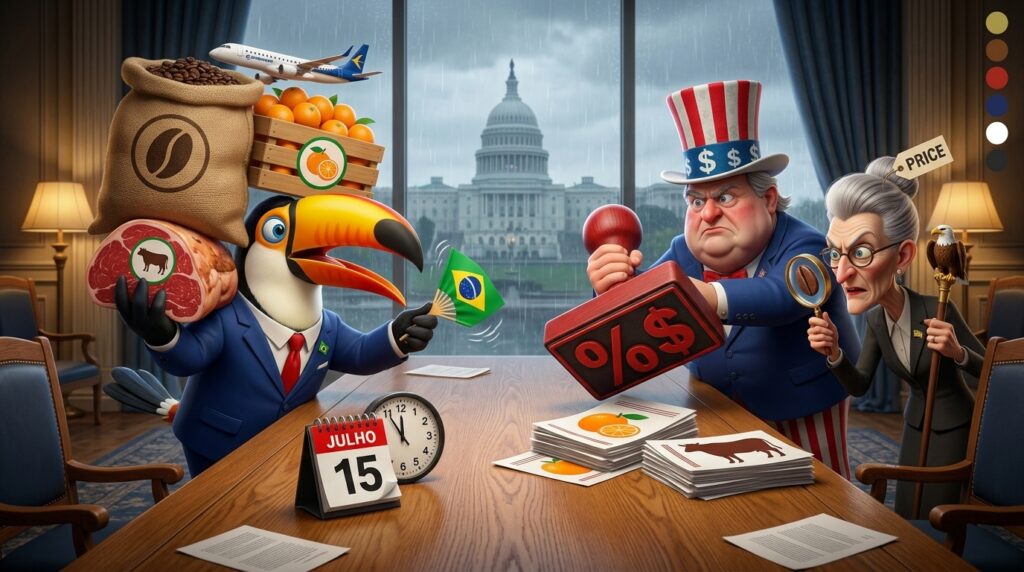 Charge satírica sobre a negociação de tarifas comerciais entre Brasil e Estados Unidos